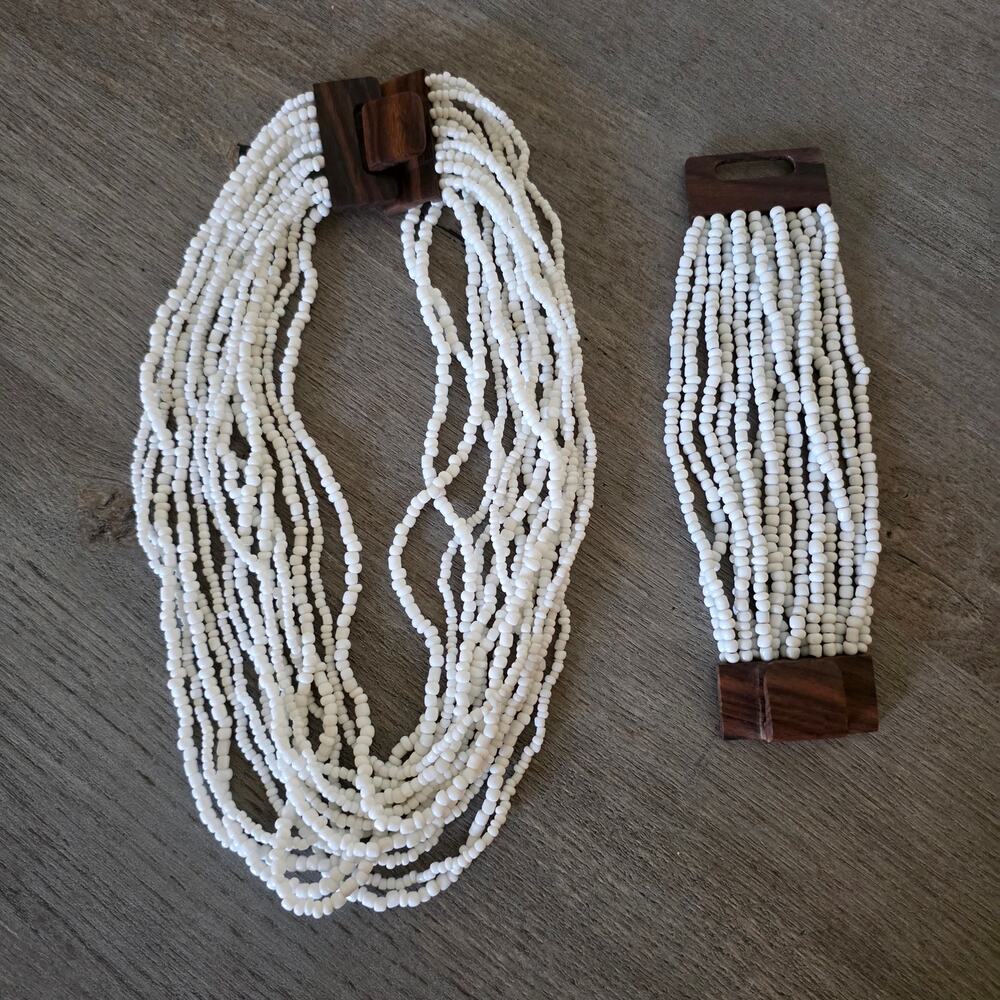 White Glass Beaded Necklace Bracelet Set Multi Strand Wood Clasp Womens Boho